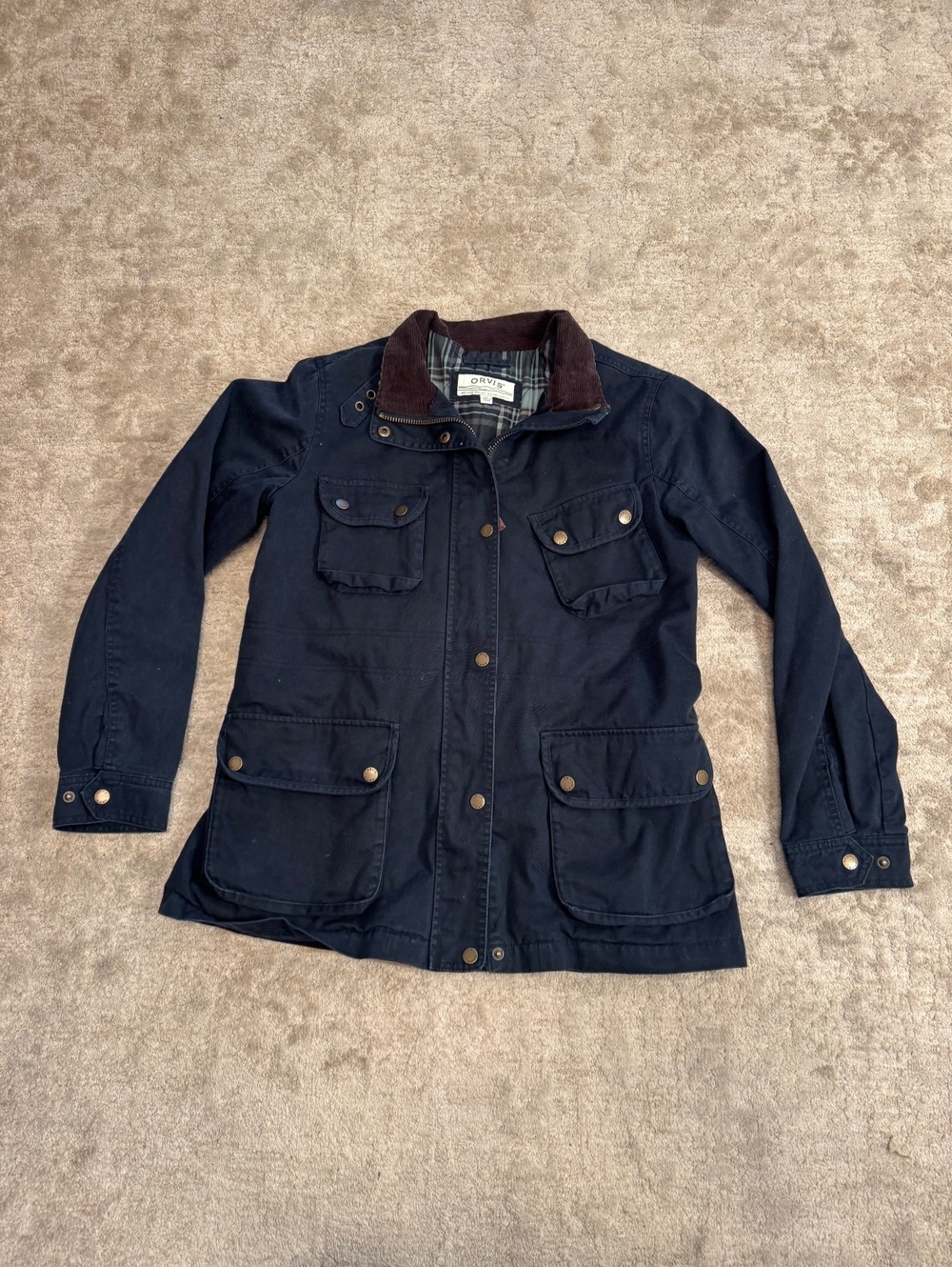 Orvis Womens M Barn Field Jacket Navy Corduroy Collar Plaid Lined Chore Coat